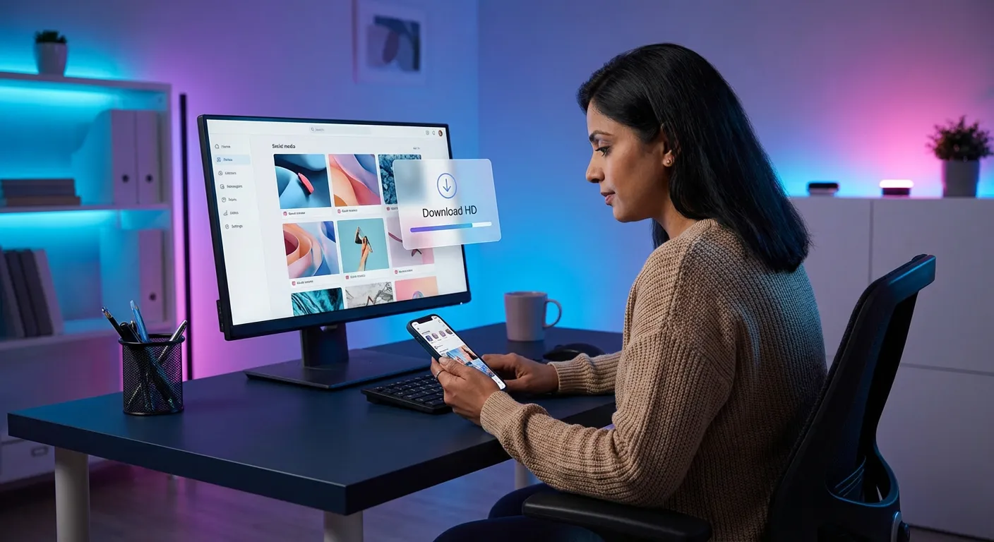 Indian man checking full HD Instagram photo downloads on laptop and phone