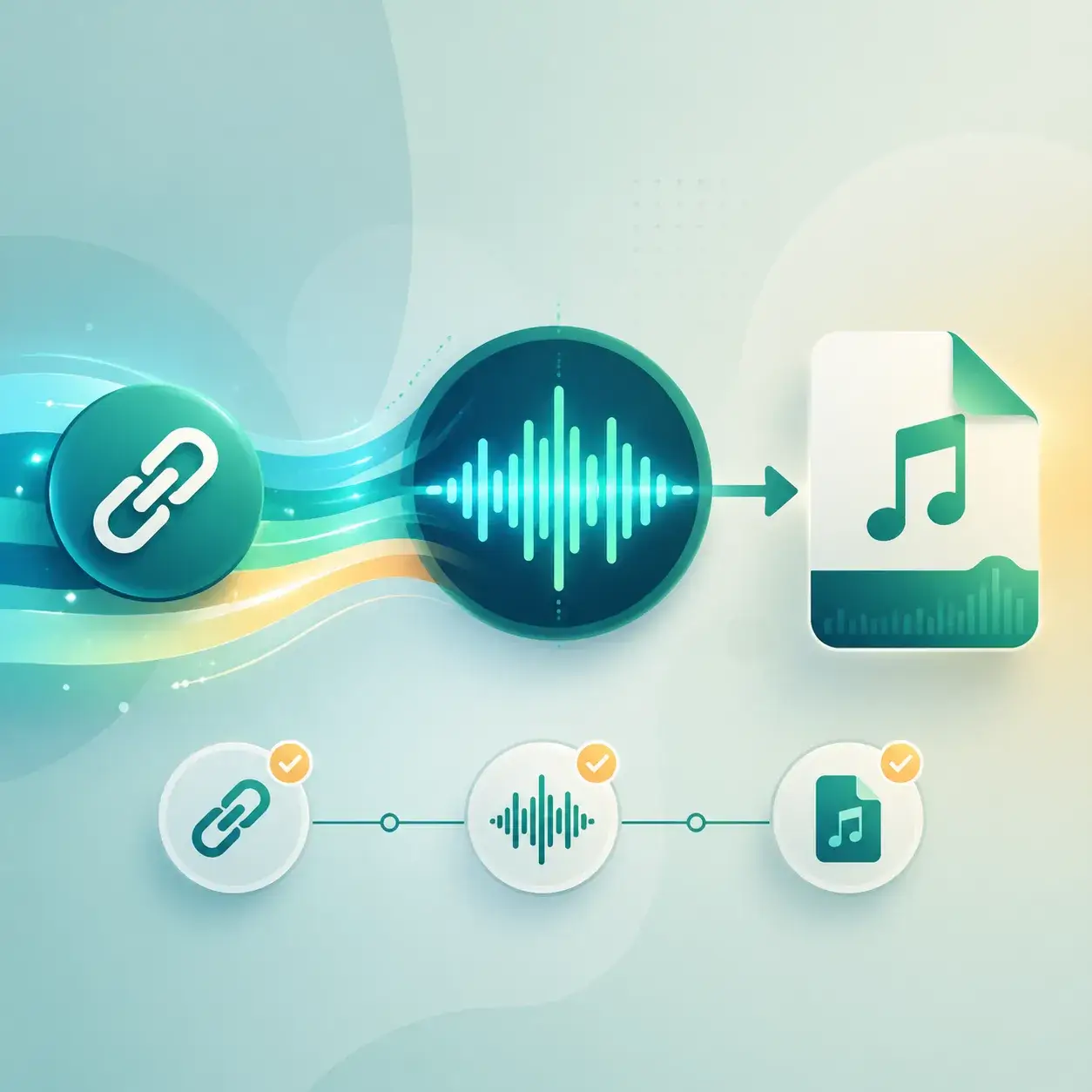 Illustration of a clean YouTube link turning into audio checkpoints and an MP3 file