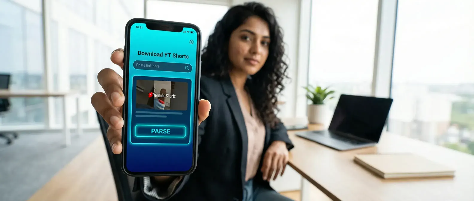 Indian woman holding a phone while checking a YouTube Shorts clip at a pale desk
