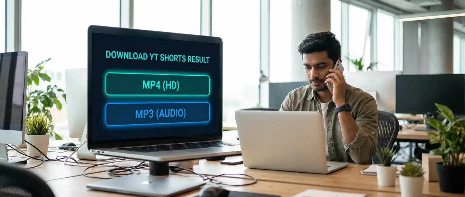 Indian man moving from phone browsing to laptop saving in a soft daylight workspace